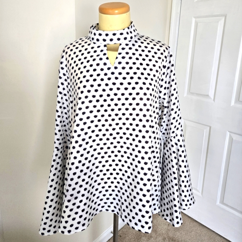 FT INC Black & White Polka Dot Bell Sleeve Blouse | Chic Mock Neck Top